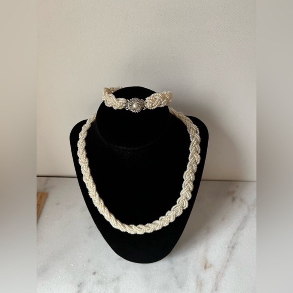 Vintage pearls set of necklaces and bracelet clasps marked Silver